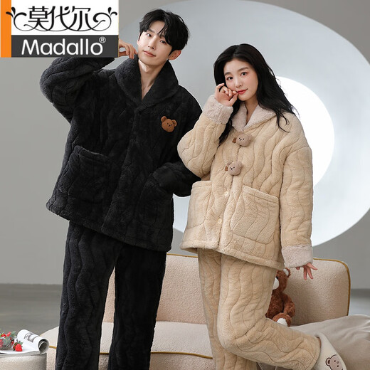 
Modal couple pajamas autumn and winter coral velvet one for men and women thickened plus velvet three-layer cotton can be worn outside home clothing set 1365 couple M women's style
