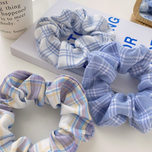 Berenwei French bm floral plaid pig intestine hair ring retro versatile fabric hair rope net red hair accessories blue and white plaid