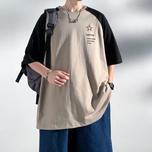 Camiseta de manga corta de Foss Phil para la camiseta de empalme de la marca de verano de los hombres para los hombres que contrastan a media manga 3968 Caki XL
