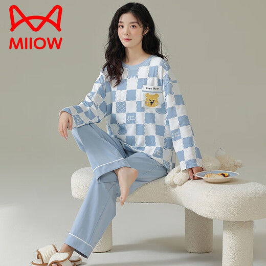 猫人（MiiOW）卡通睡衣女带胸垫bra春秋季纯棉长袖可爱小熊少女ins风家居服套装 HMG-15125 M -无胸垫款【推荐75-95斤】