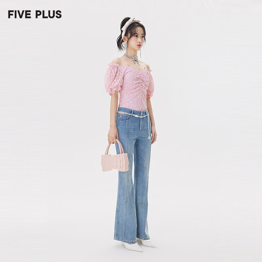 FIVE PLUS牛仔喇叭裤夏季新款女装四面弹高腰洗水提臀S裤修身商城同款 浅蓝色690 M