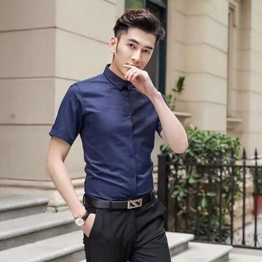 楠馨妤夏季薄款短袖白衬衫男免烫修身商务工作服职业正装衬衣男工装 纯色短袖衬衫-白色 XL