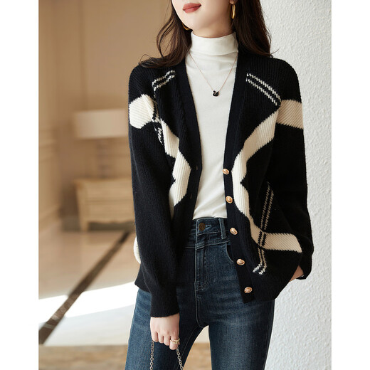 Demana v-neck sweater Autumn and winter V-neck loose off-shoulder long-sleeved color-blocked simple sweater for women