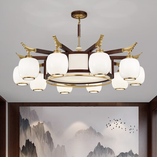 Kupfer Herzholz Reim neuer chinesischer Stil Kronleuchter Wohnzimmer Massives Holz Lampe moderne einfache schwarze Walnussvilla-Lampe Schlafzimmer Festholz Chinesische Stil Lantern J9721-6+1 Kopf [mit drei Farben Glühbirne]