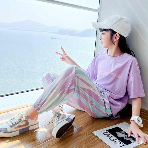 Zhidoudou Summer Girls Set informal Sports Sports Corta de manga corta Summer Summer Deporto Nuevo estilo Medium Large Bard Children's Fin Children's Wothing 5671 Contrast Color +9731 Purple 130 cm