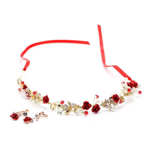 Bridal tiara, Korean style hairband, red hair accessories, fairy headband, toast dress, wedding accessories, rose tiara + earrings (ear clips)