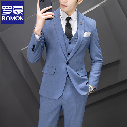 Romon (Romon) Herrenanzug Business Slim Professional Anzug Anzug Anzug Anzug Bräutigam Bester Hochzeitskleiderjacke hellgrau [zweiteiliges Set + Hemd] Gürtelausschnitt xl