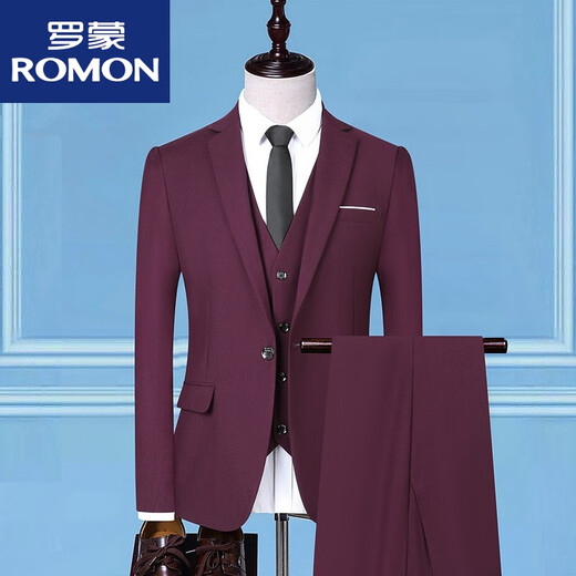 罗蒙（ROMON）男士西服套装商务休闲正装职业西装标准型上班外套新郎礼服男 深蓝色西服+西裤+衬衫+马甲 +皮 4XL