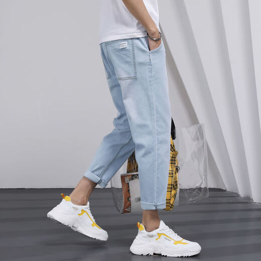 
Zuoyoupin (zuoyoupin) jeans men's cropped pants summer casual straight pants men's fashion boys versatile trendy trousers TC673 light blue S