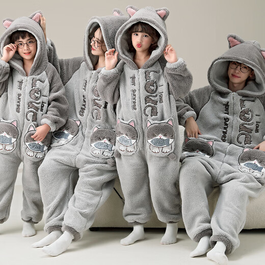 Liebeswörter junger Menschen, Eltern-Kind-Pyjama, Herbst- und Winter-Strampler, langärmeliges Korallenletter, Familie, drei und vier, Familiendekoration, Kinderheimkleidung, YPF3890 Kätzchen, L, männlich L (110-135 Jin [Jin gleich 0,5 kg]))
