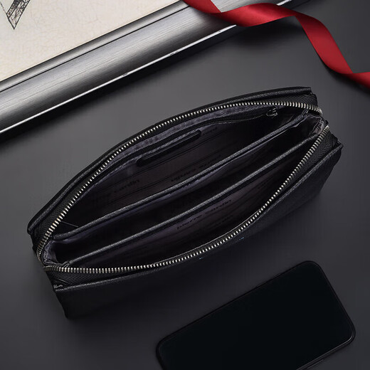 Pier Cardin handbag men's head layer cowhide leather long zipper wallet large capacity hand grab bag birthday gift black