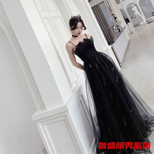 口旋黑色晚礼服女宴会春夏季新款气质成人礼毕业晚会吊带裙女高端 黑色 M 165