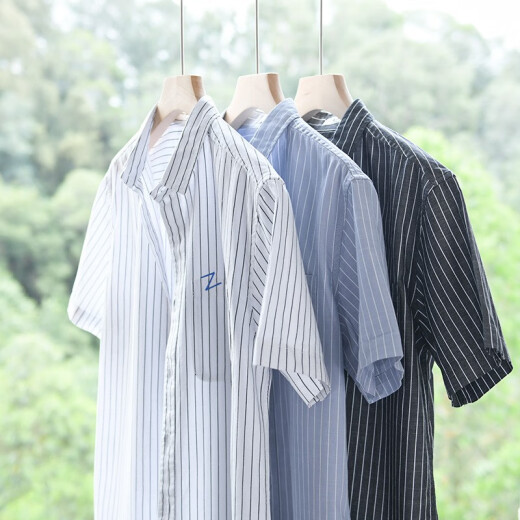 
GLOY/ZENITH summer cotton shirt men short-sleeved striped youth casual fashion versatile shirt men fresh literary men's top 9740 black L (110-125 Jin [Jin equals 0.5 kg])