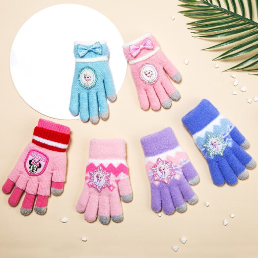 Disney Children's Gloves Winter Knitted Warm Full Finger Girls Princess Girls Toddler Baby Wool Five Finger Purple Ice and Snow One Size