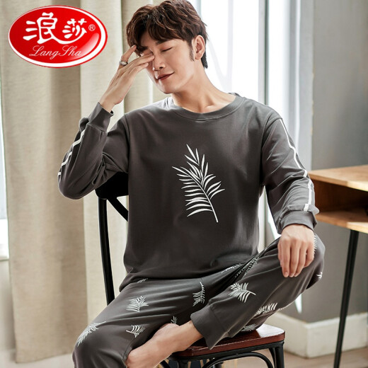 Langsha pajamas men's pure cotton spring and autumn long-sleeved cotton boys' casual long-sleeved T-shirt men's suit can be worn outside large size men's cotton home clothes suit new product men 19901 (170L size) recommended height of about 170/100-130Jin [Jin equals 0.5 kg, ]