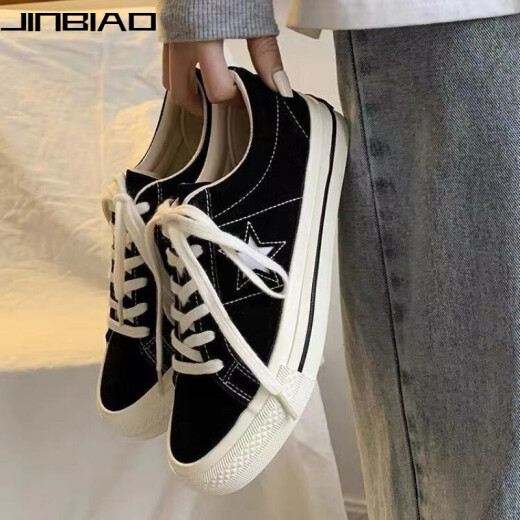 Jinbiao five-pointed star black 2021 new retro male and female students versatile Korean version ulzzang Hong Kong style ins canvas shoes male star low state-black 42 men