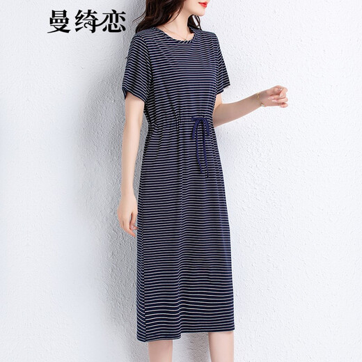 曼绮恋短袖条纹t恤女2022新款夏季中长款过膝纯棉连衣裙宽松显瘦百搭系带T恤裙子潮 藏青条纹6627 L