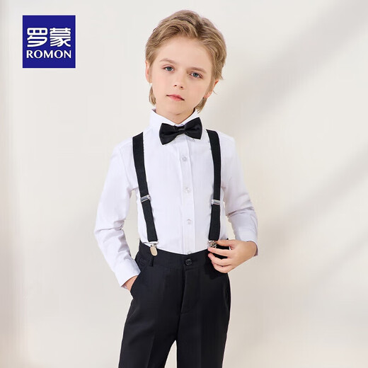 罗蒙儿童礼服六一演出服男童毕业主持长袖长裤背带套装 黑色150