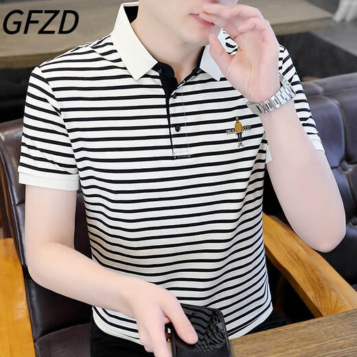 GFZD Light Luxury High-классная мужская одежда, летняя полосатая футболка, мужская вышивка для бизнеса, универсальная тонкая футболка с воротником с тонкими воротничками.
