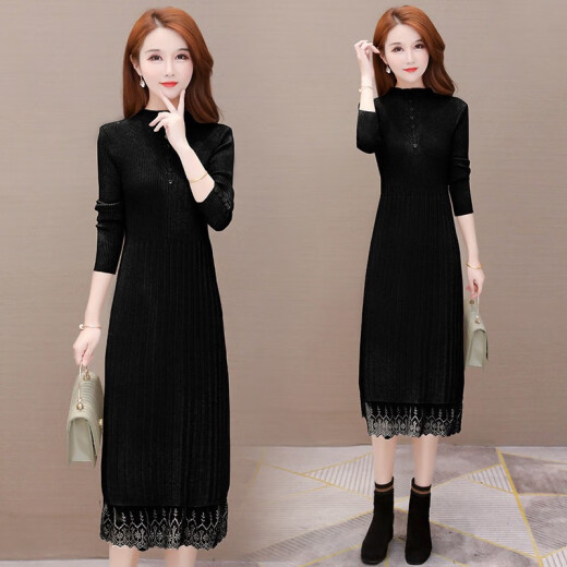 Ou Simai knitted dress women's lace slimming coat wear fashionable knitted wool bottoming skirt mid-length temperament skirt women WWZ209550 black 2XL