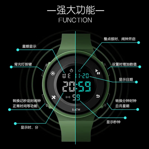 Lennik 50-meter swimming waterproof sports electronic watch youth adult watch boy luminous middle school student men's and women's watch 0991 black (swimming waterproof)