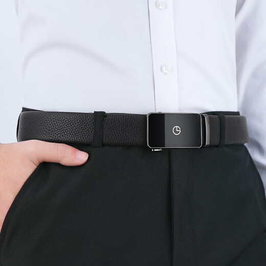 Goldlion Men's Automatic Buckle Belt Business Casual Gift Box Belt First Layer Cowhide Simple Pants Belt FAY093136-711 Black 110-120CM New Year Gift for Dad, Husband and Boyfriend