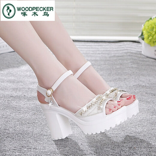 
Woodpecker 2025 new rhinestone fish-mouth shoes for women summer thick sole sponge cake Korean version waterproof platform high heel one-line buckle thick heel sandals blue upgraded version 37