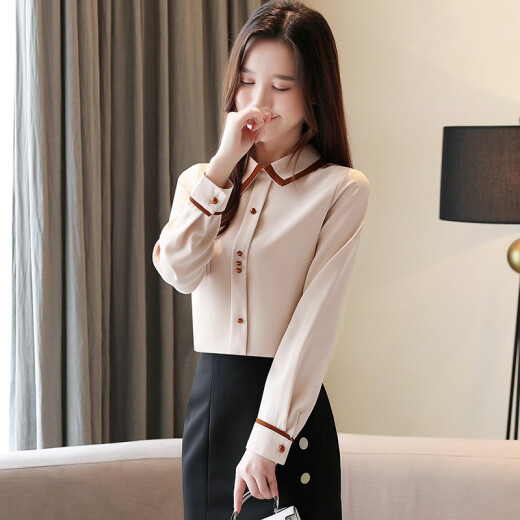 Laini Shengna long-sleeved shirt women's 2024 autumn petite women's bottoming top chiffon spring and autumn shirt top women's trendy apricot L