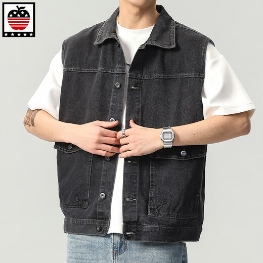 
AEMAPE Apple denim vest men's jacket European and American trendy spring large pocket sleeveless tops fashion brand vest horse clip 9215# black 5XL (recommended 230 250Jin [Jin equals 0.5 kg])