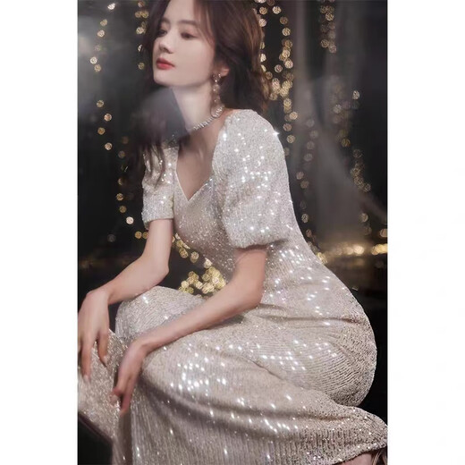 Nuoliti French evening dress sequin temperament lady high -end niche birthday banquet fishtail host piano play dress champagne color long L