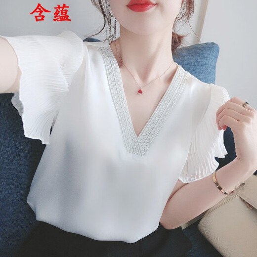 Containing super fairy chiffon shirt for women 2021 summer new style white short-sleeved loose v-neck top fashionable shirt temperament small shirt shirt for women white S