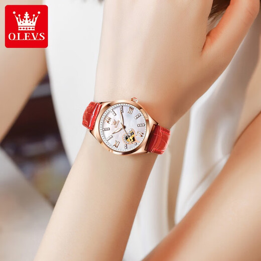 OLEVS Swiss certified brand watch women's mechanical watch fully automatic simple temperament women's watch luminous waterproof women's watch OLEVS-6636-red leather rose shell white surface