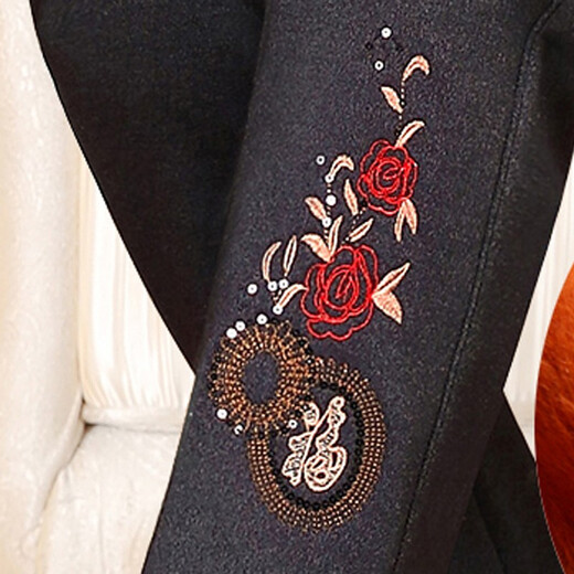 Wanhe middle-aged and elderly women's trousers, mother's wear, winter clothing, velvet thickened trousers, embroidered high-waisted large size warm trousers for the elderly and grandma