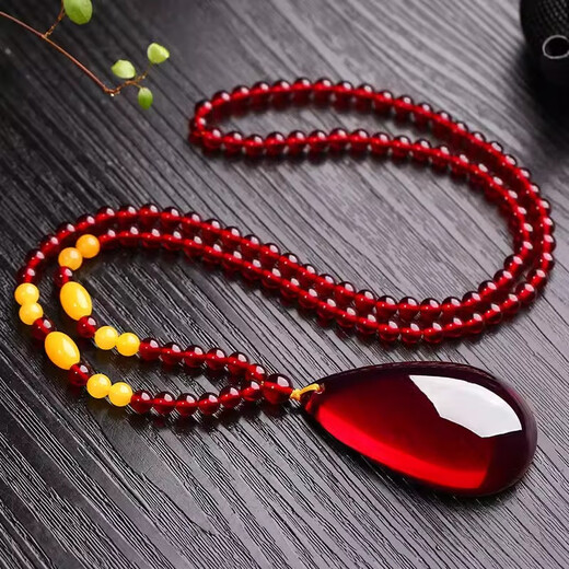 QPQK chicken fat yellow beeswax water drop pendant genuine peace buckle necklace sweater chain second generation amber men and women horse face skirt accessories cloud mist water drop bead chain-free lanyard-certificate