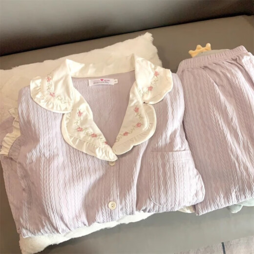 清中乔带棉垫睡衣女款春秋冬季纯棉长袖长裤少女甜美花朵夏天家居服套装 带棉垫#.9926米白套装 -面料 XL 建议120-140斤