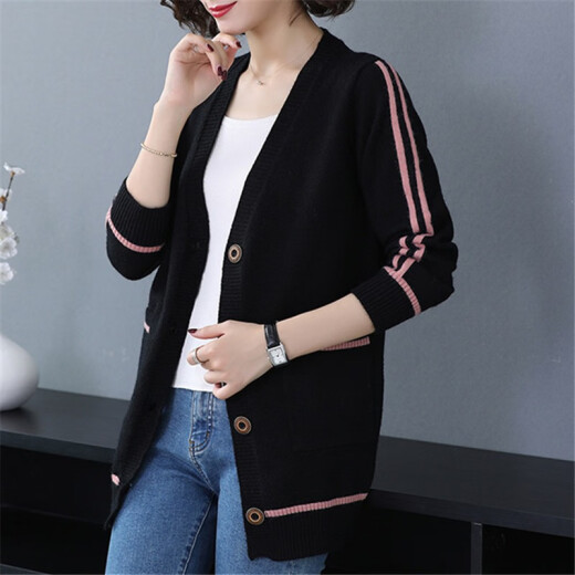 Description of 2021 Spring Clothing Spring and Autumn Knitted Sweater Women's Cardigan Thin Outer Loose Slim Ethnic Style Sweater Top Jacket Women 315 Black #2XL (Recommended 126-130Jin [Jin equals 0.5 kg])