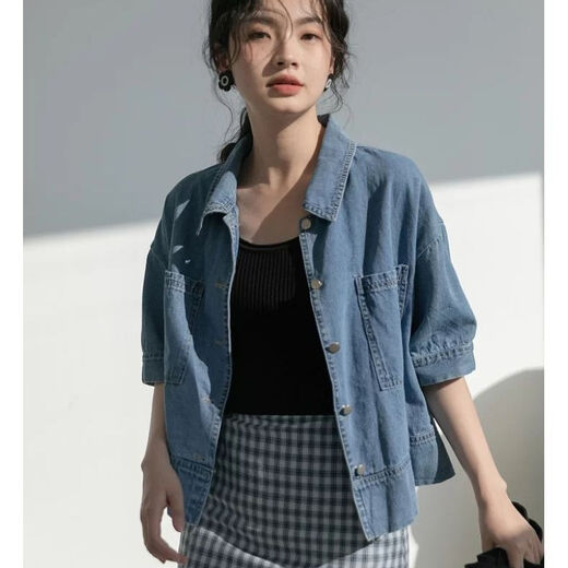 简方位牛仔衬衫2022夏装短款上衣复古港味气质百搭矮个子短袖外套女新款 869牛仔蓝 均码  S75-85斤