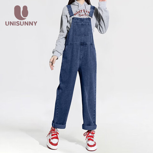 unisunny孕尚孕妇裤子春秋季外穿牛仔背带裤宽松直筒裤小个子孕妇装大码休闲裤 浅蓝 L【建议110～130斤】