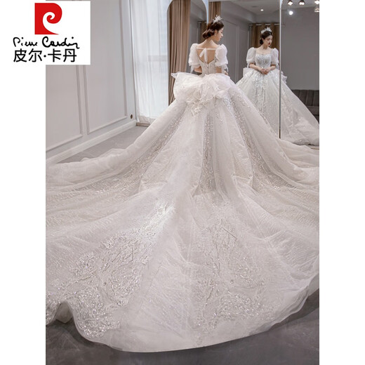Pierre cardin wedding dress 2024 new style bride main yarn texture large tail pregnant women French light girl small winter single piece white wedding dress XS weight 80 Jin [Jin equals 0.5 kg]