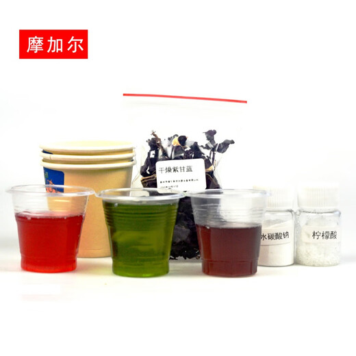 A complete set of materials for self-made acid-base indicators. Experiment for junior high school students. The color changes to red and green. Purple cabbage