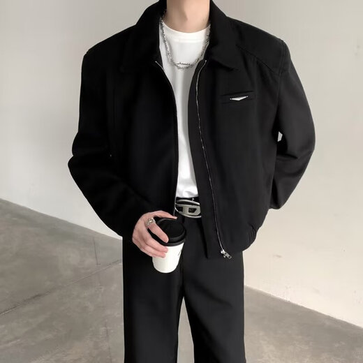 Huafeng Inno kurze Jacke Herren Frühling und Herbst amerikanische hübsche Schulterpolsterjacke fortgeschrittene schwarze Cleanfit-Revers-Baseballuniform schwarz XL 120-140Jin Jin entspricht 0,5 kg