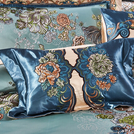Edi Meng Home Textile European and American Luxury Bedding Villa Model Room Wedding Bedding Multi-Piece Kit Double Large Bed GZ Green and Blue Bed Cover Six-Piece Set 1.5m/1.8m Bed Width