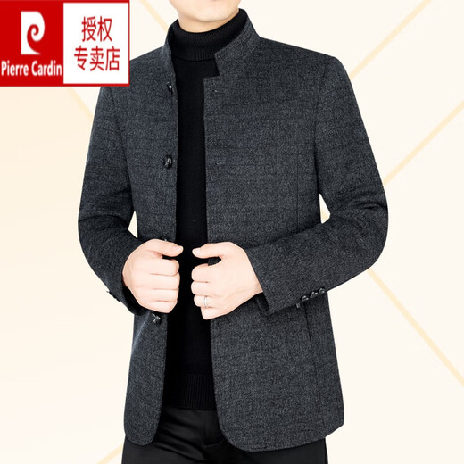 皮尔卡丹（pierre cardin）春秋男士羊毛呢中年外套男夹克商务休闲立领毛呢爸爸短款 黑灰 M 170(100~120斤)