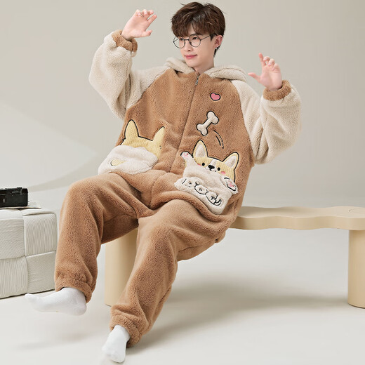 少年情话睡衣男秋冬款加绒加厚珊瑚绒带帽冬天休闲家居服套装可外穿连体衣 YPF3893哈士奇 男XL(130-155斤)