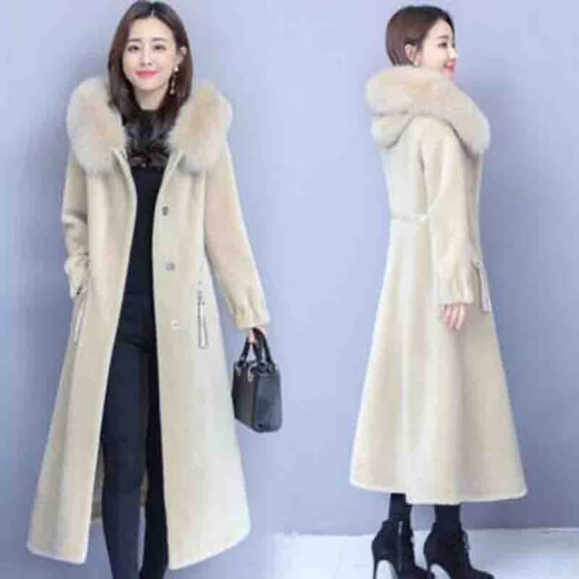 Duodeli Fur Women's 2020 New Hooded Imitation Fox Fur Mid-Length Sheep Shear Coat Fur One-piece Lamb Wool Jacket Women's Off-White XL