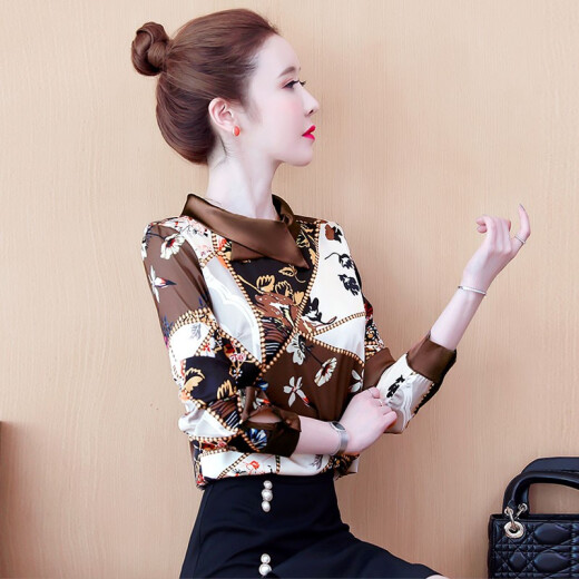 Zi Lingyu chiffon shirt for women spring 2022 new Korean version versatile western style shirt fashionable temperament slimming long-sleeved top for women brown L