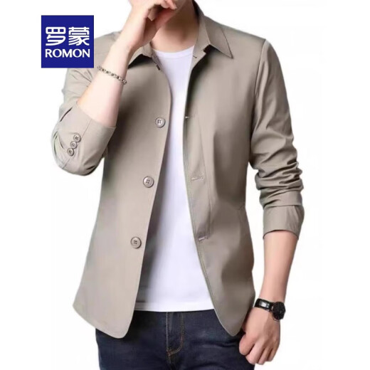 罗蒙（ROMON）2025新款春夏季男士商务休闲夹克中青年纯色翻领薄款韩版修身外套 浅灰色1048 L 建议110-130斤