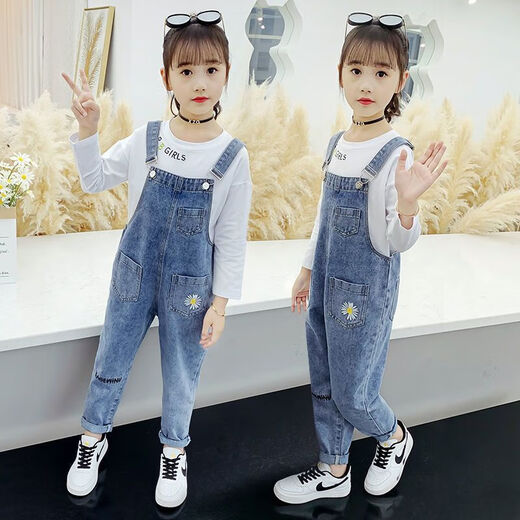 Disney (Disney) Girls Denim Overalls Set 2024 Spring and Autumn Girls Jeans Loose Girls Overalls Girls Pants White Embroidery T 110