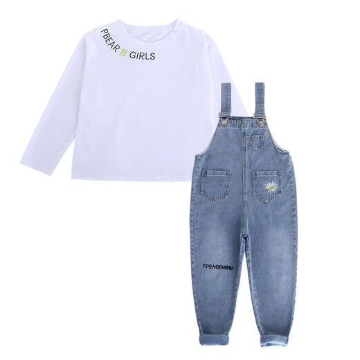 Disney (Disney) Girls Denim Overalls Set 2024 Spring and Autumn Girls Jeans Loose Girls Overalls Girls Pants White Embroidery T 110