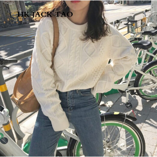 HKJACKTAO knitted sweater Hong Kong trendy brand twist knitted women's thickened loose slimming top new autumn and winter white outer bottoming inner wear for women milky white M suitable for 100Jin [Jin equals 0.5kg]-110Jin [Jin equals 0.5kg]